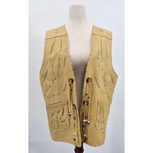 Vtg Tan Leather Etched Vest w/Tassels